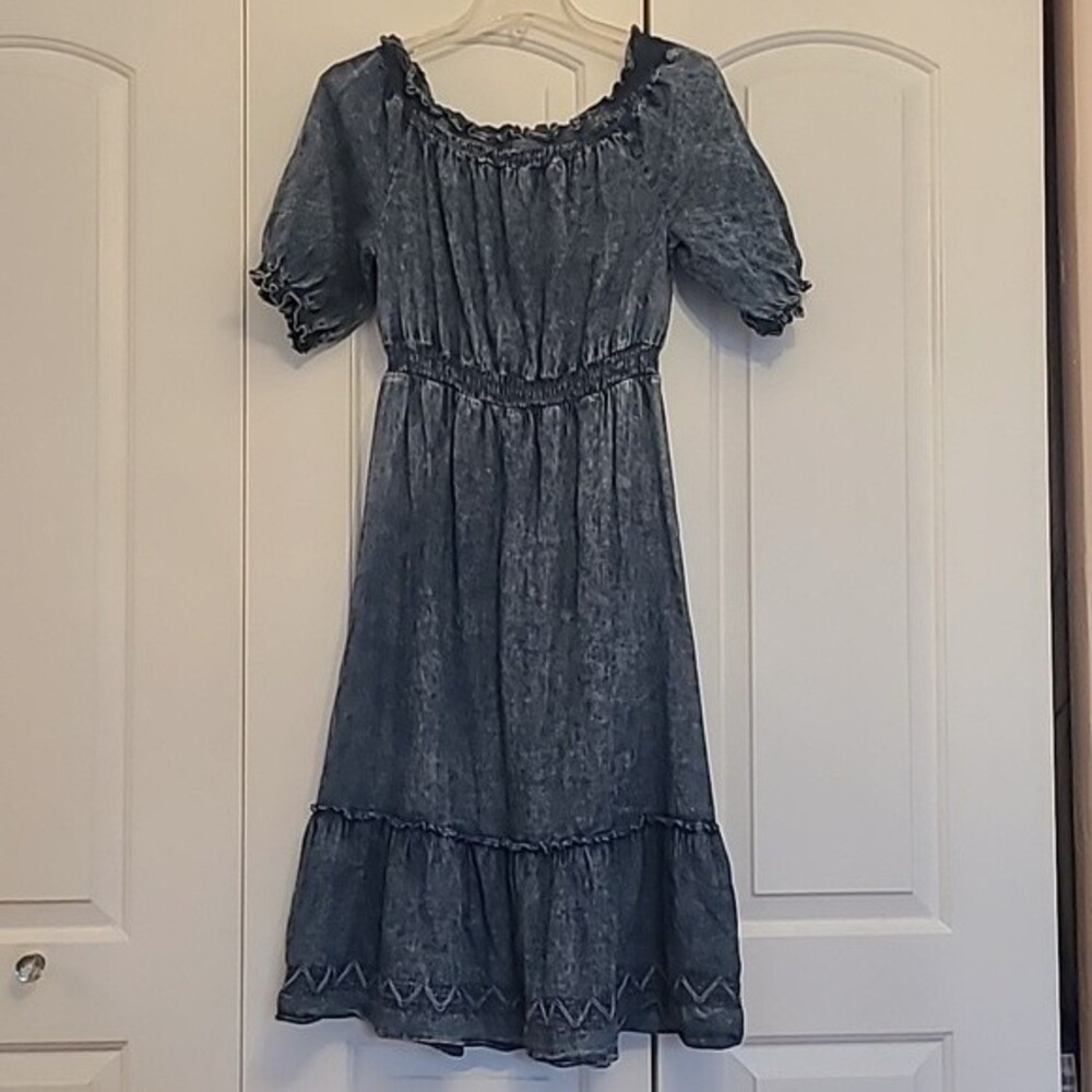 LAPIS Boho Peasant Cottage Core Tiered Midi Dress Acid Blue Wash Ruffle Size S